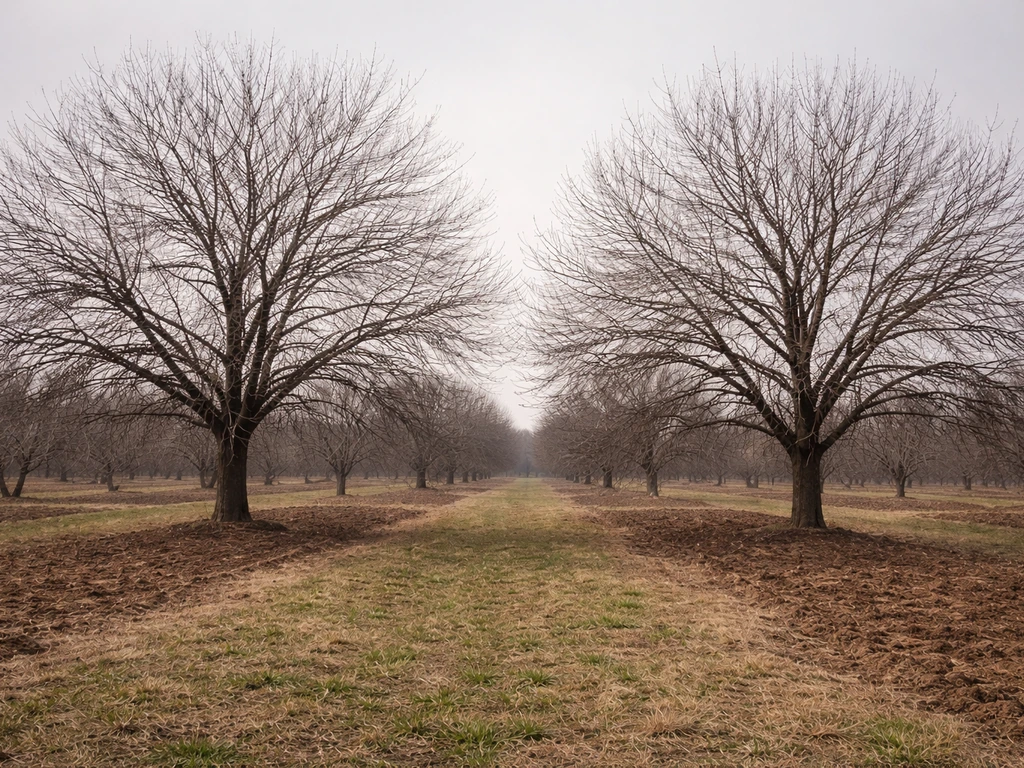 Two Chinese chestnut trees spaced in an orchard row, highlighting cross-pollination need.