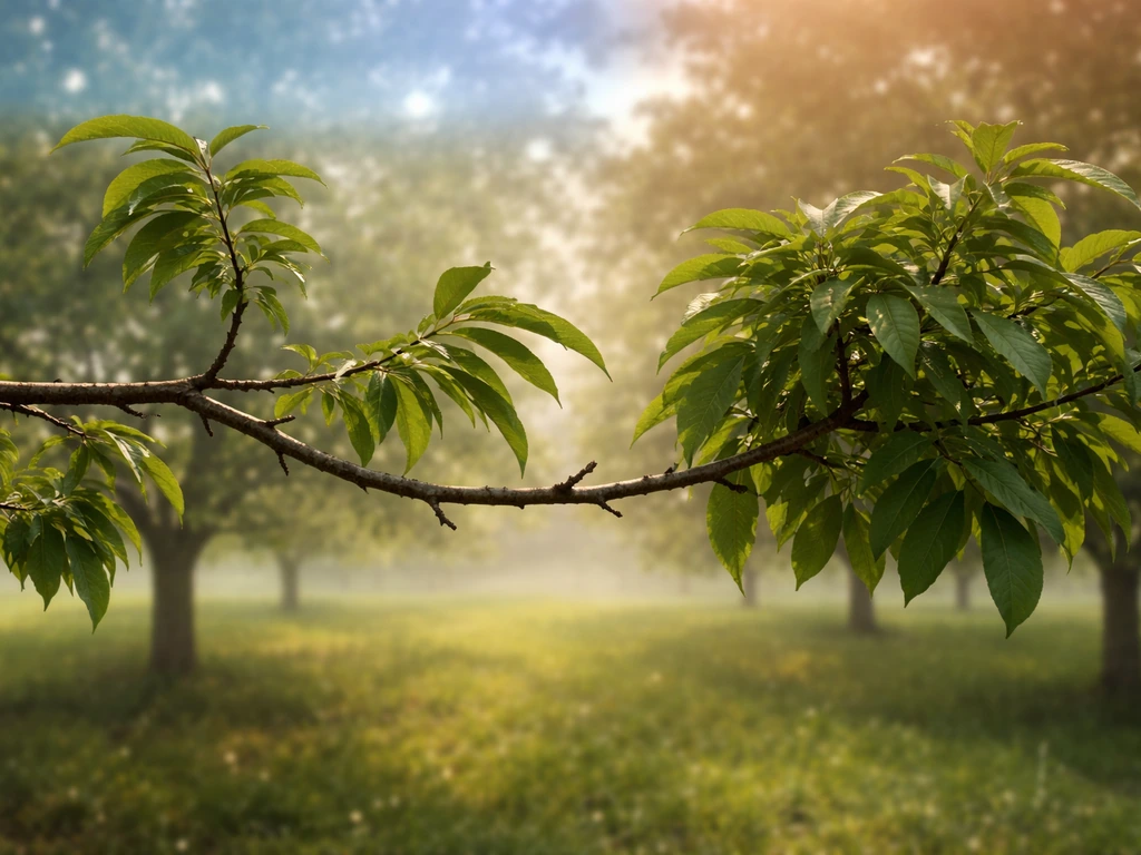 Close-up of a pecan branch showing open vs dense foliage for airflow, with a faint cool-to-warm background hint.