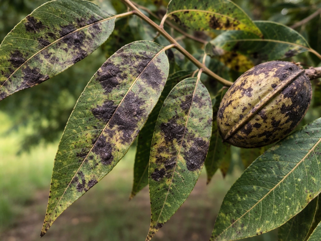 Close-up of pecan leaves and nut shuck with dark scab lesions and mottled discoloration.
