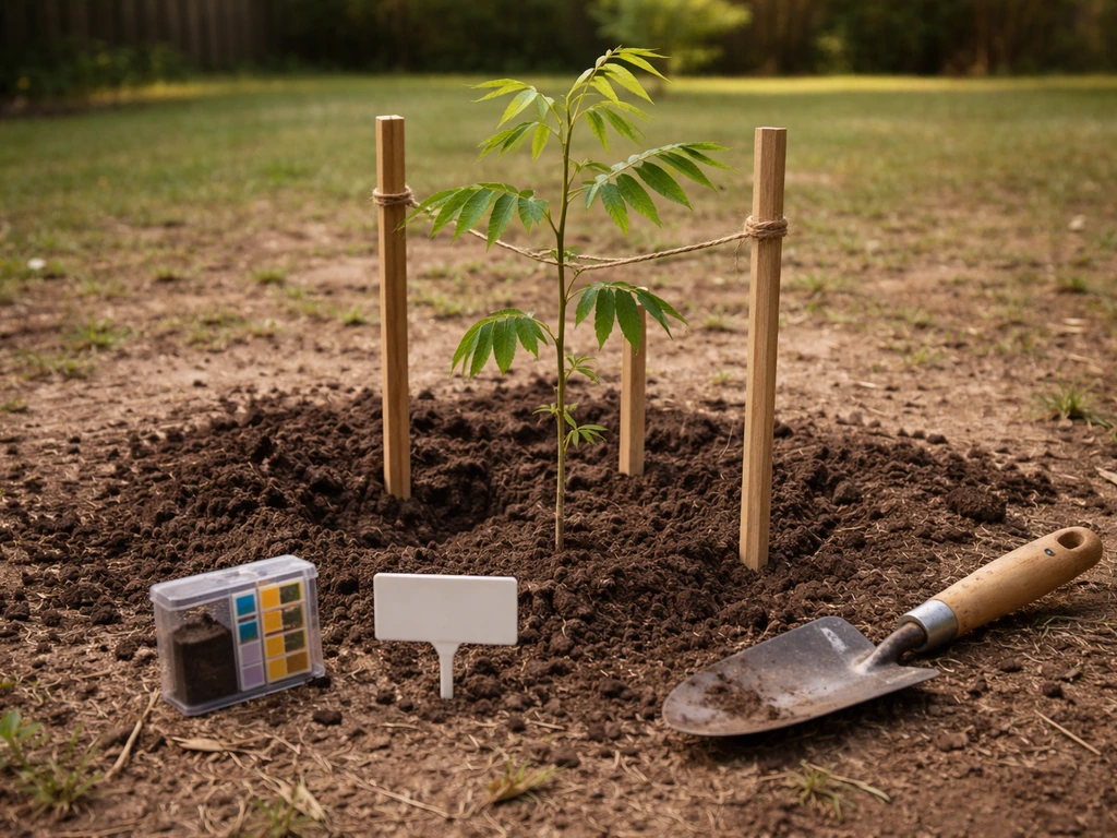 Young pecan sapling planted in a hole with a soil test kit and garden tools nearby in a backyard.