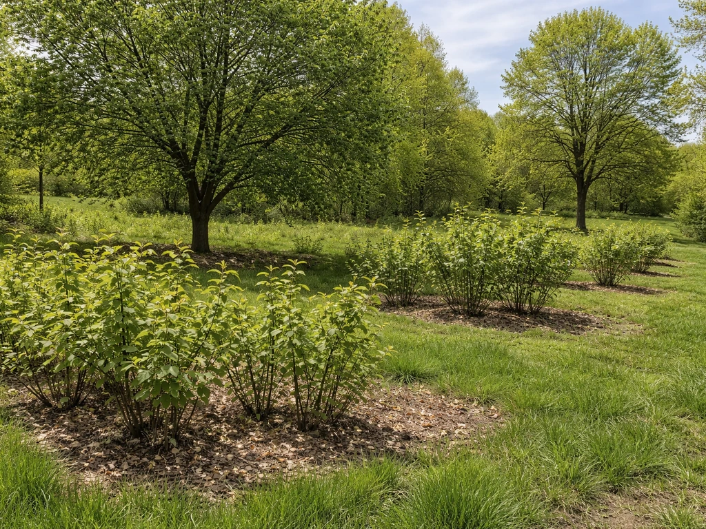 Maryland nut trees—hazelnut shrubs, black walnut, and hickory—in separate small regional plantings with seasonal groundc