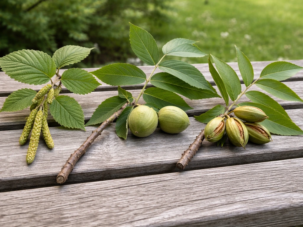 Close-up of three small nut-tree branches (hazelnut, black walnut, pecan) on a wooden bench outdoors.