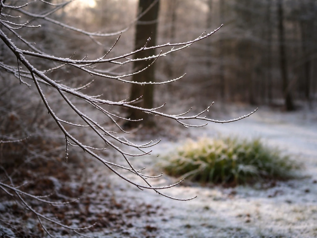 Bare tree branches with light frost on a chilly morning, with a warmer patch of greenery nearby.