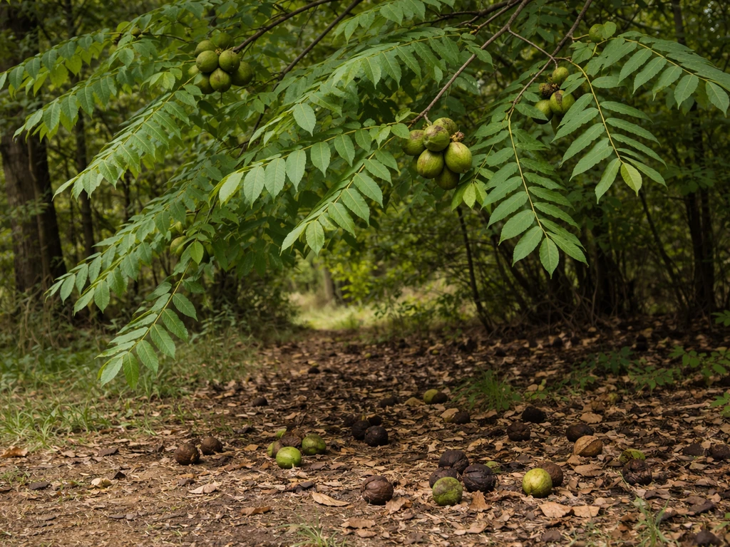 Black walnut tree canopy with pinnate leaflets and visible nut clusters, fallen walnuts on the ground.