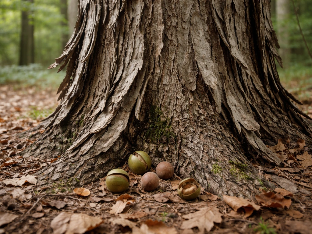 Close-up of shagbark hickory tree bark with a couple of husked nuts on the ground