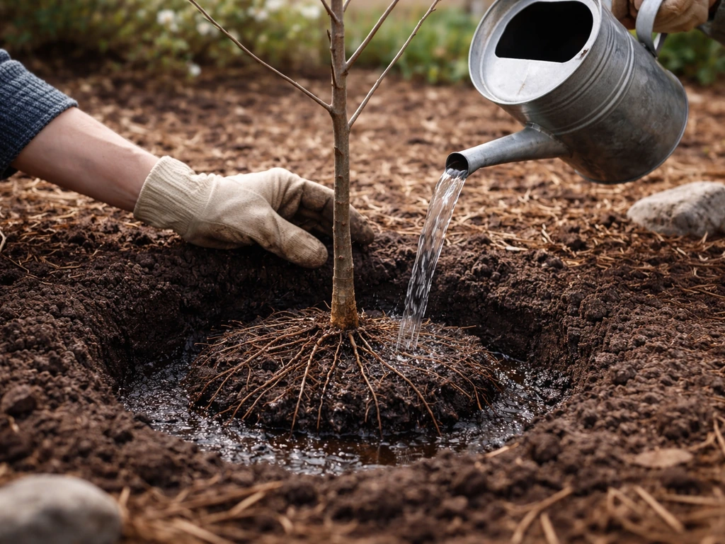 Bare-root nut sapling planted in a soil hole with water poured in, soil level marked by mulch ring.