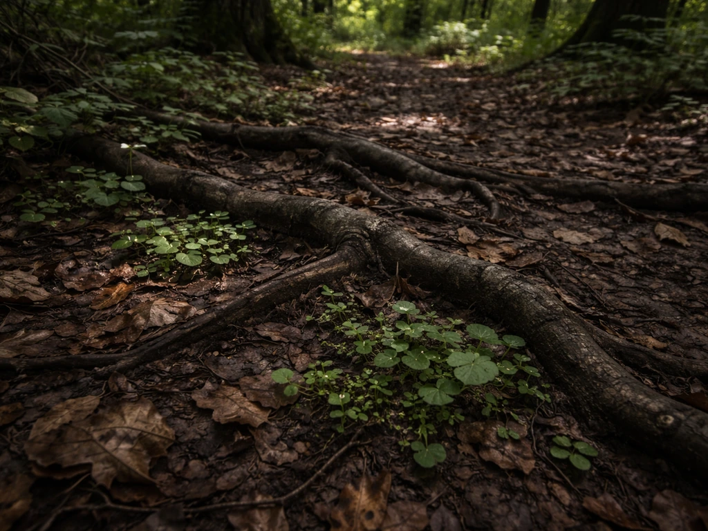 Forest floor under black walnut trees with leaf litter, roots, and small thriving groundcovers in shade