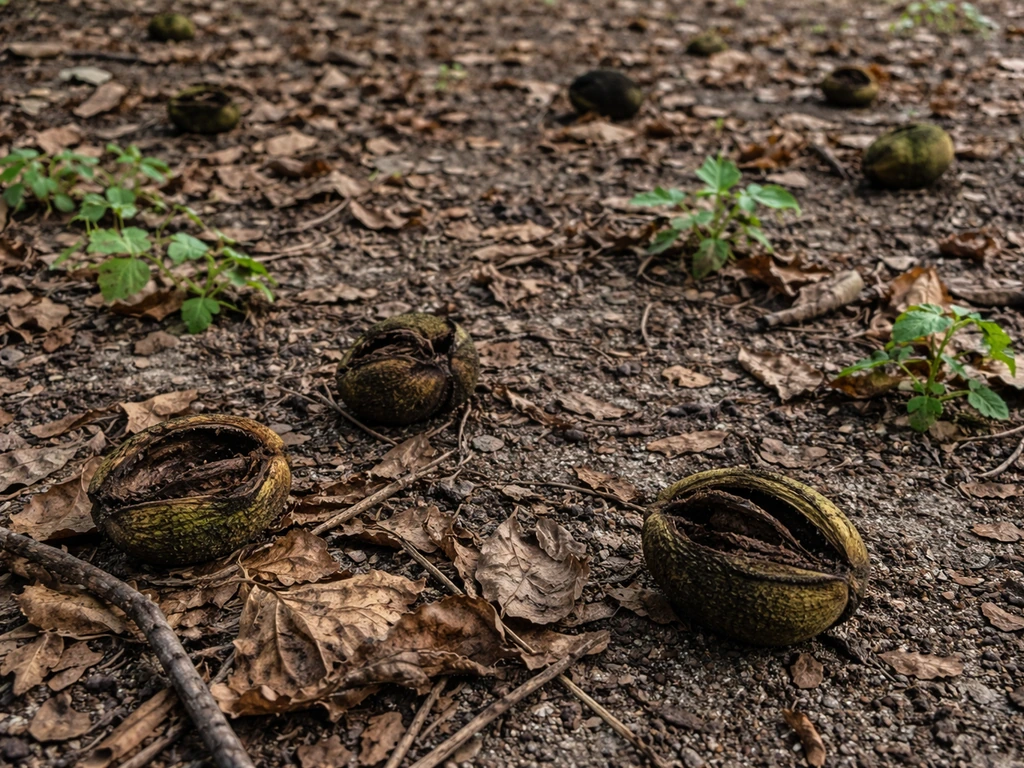 Sparse struggling plants growing in dark leaf litter and walnut nut hulls under a black walnut tree