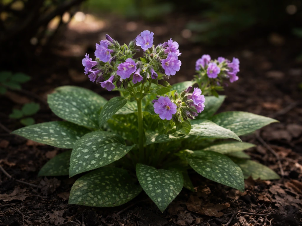 Close-up of purple lungwort blooms and green leaves in dappled shade beneath dark soil and walnut-like foliage.
