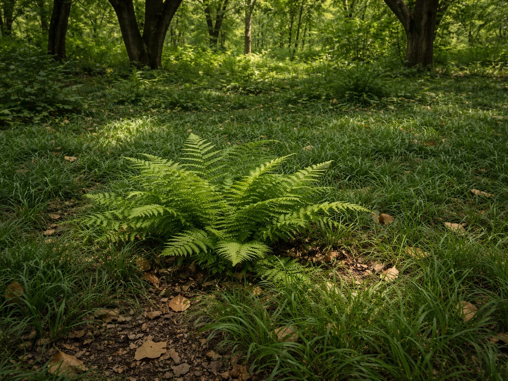 Fern and grass-like groundcover forming a living mat under black walnut trees.
