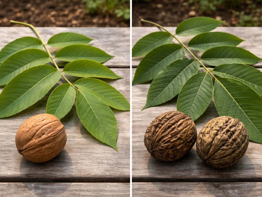 Side-by-side English/Persian walnut and black walnut leaves and husked nuts showing distinct textures.