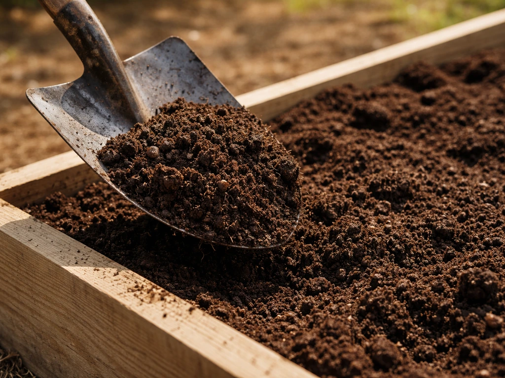 Shovel holding dark loamy soil beside a raised garden bed with crumbly well-drained texture.