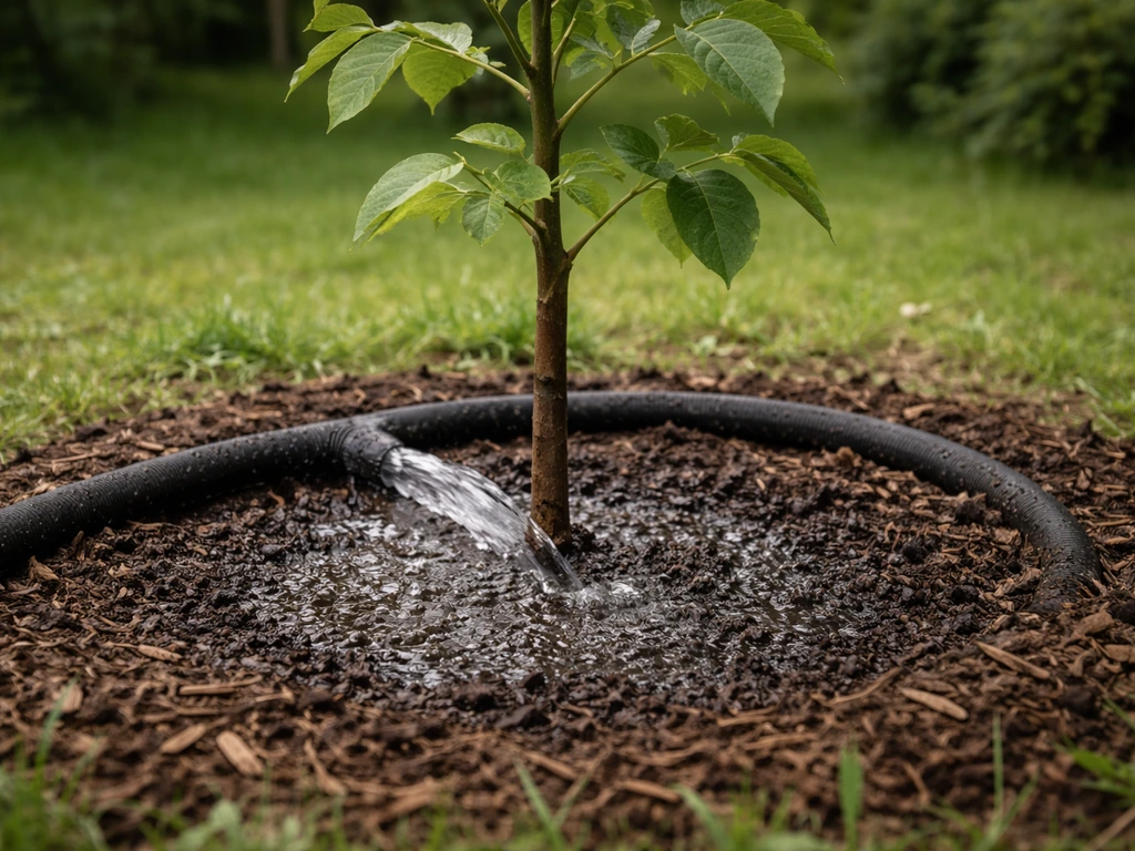 Close-up of a young walnut sapling watered at its base with a hose, mulch ring in an Irish garden.