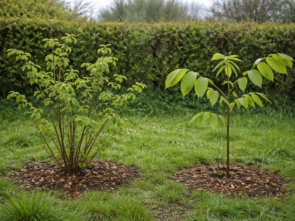 Hazelnut shrub and young Japanese walnut growing side by side in an Irish garden edge.
