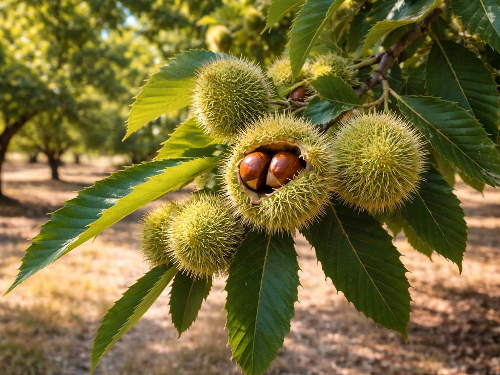 Chestnut tree branch in a California orchard with spiky burrs and young chestnuts on the branches.