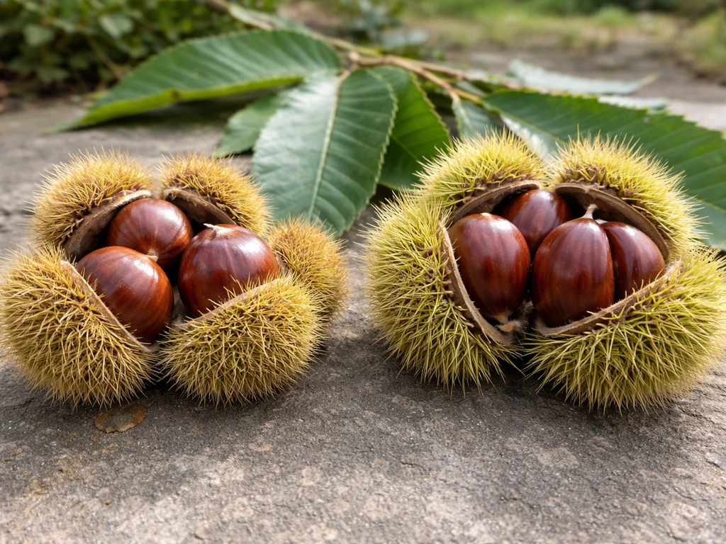 Close-up of Chinese and Spanish chestnuts and leaves side by side outdoors in natural light.