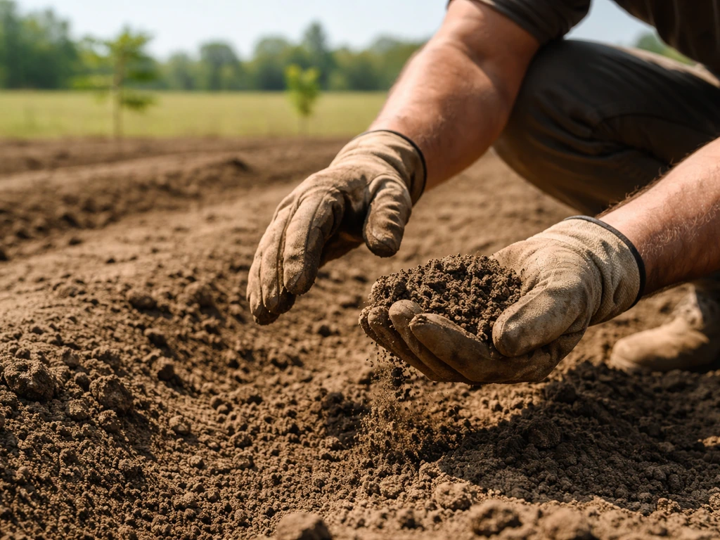 Gloved hands checking sunlight in an open planting spot in a full-sun field