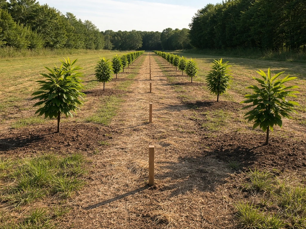 Minimal photo of two rows of young chestnut saplings with measured spacing stakes in a field.