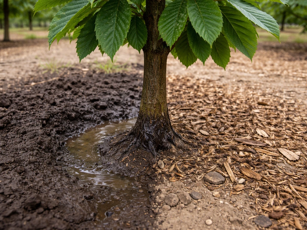 Ground-level view of a chestnut tree base with a wet crown area contrasted against dry soil nearby.
