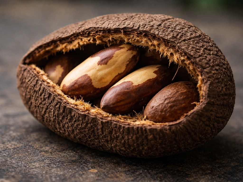 Closeup of a Brazil nut woody pod opened to reveal individual nut kernels and fibers