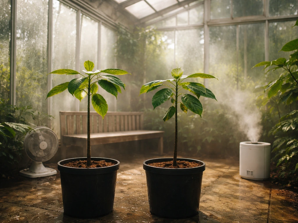 Tropical seedlings in a misty greenhouse, condensation and humidity controls suggesting pollination and climate challeng