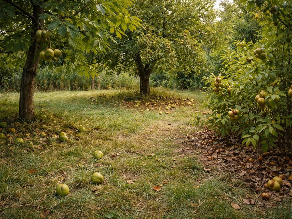 In-season walnut, chestnut, and hazelnut trees in a Pennsylvania backyard with visible husks and nuts.