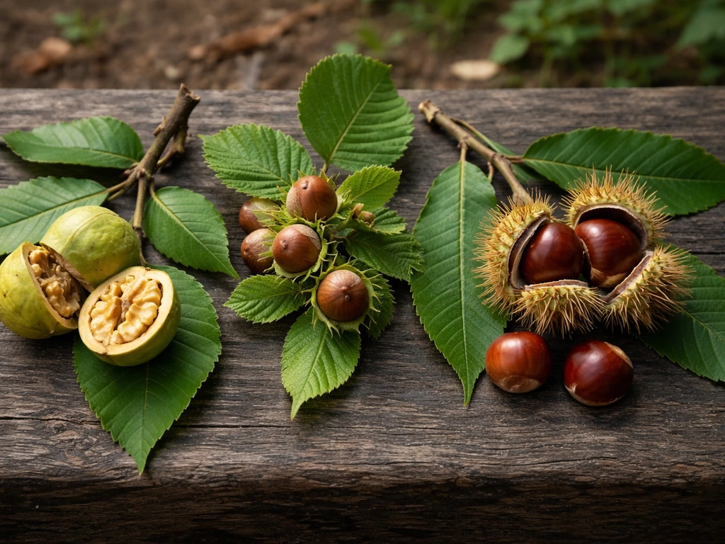 Close-up of black walnut, hazelnut, and Chinese chestnut branches with nuts and leaves on wood.
