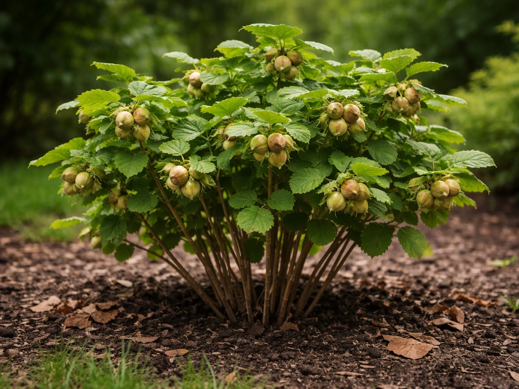 Compact American hazelnut shrub with multi-stem growth and visible nuts in husks in-ground.
