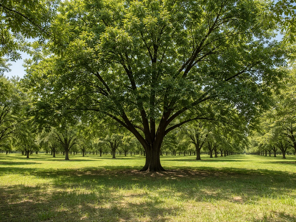 Black walnut orchard with a mature tree canopy, wide spaced rows, and open ground under natural light.