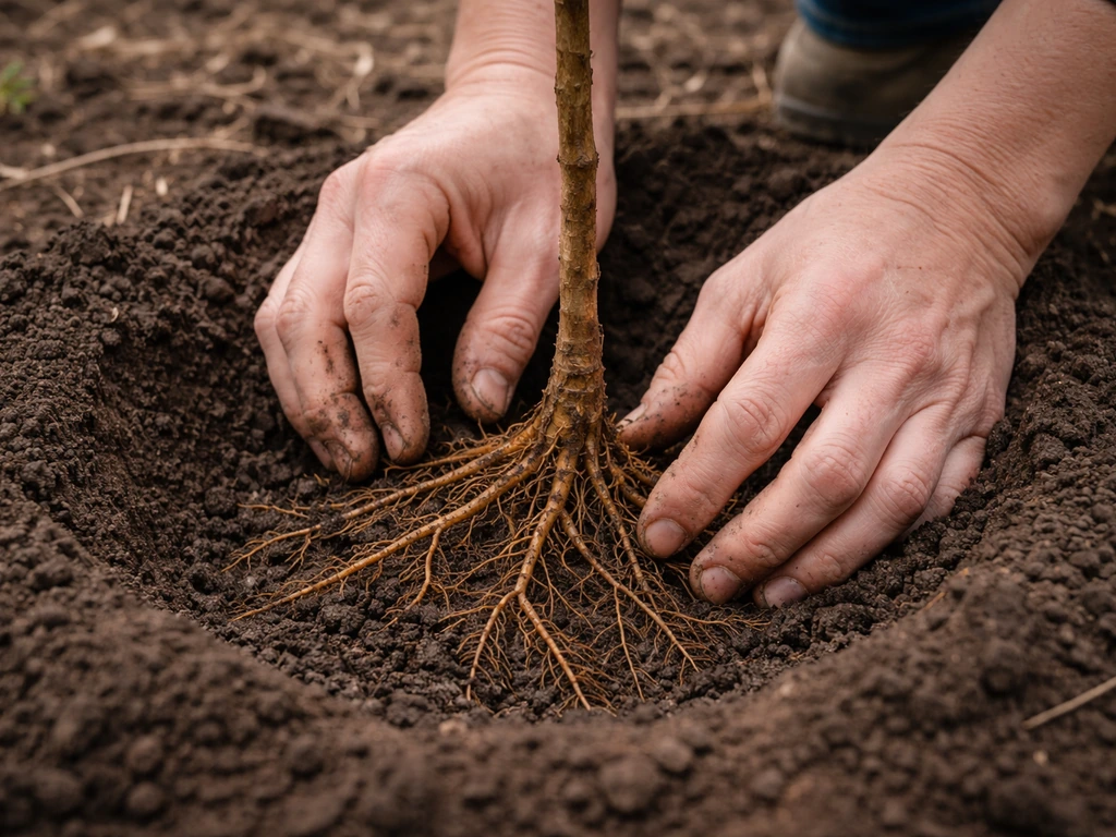 Hands placing a bare-root nut sapling into a shallow early-spring hole with roots visible