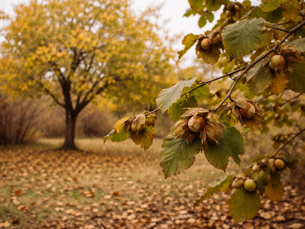 Autumn backyard with hardy nut trees—hazelnut and chestnut branches—showing visible nuts and husks.