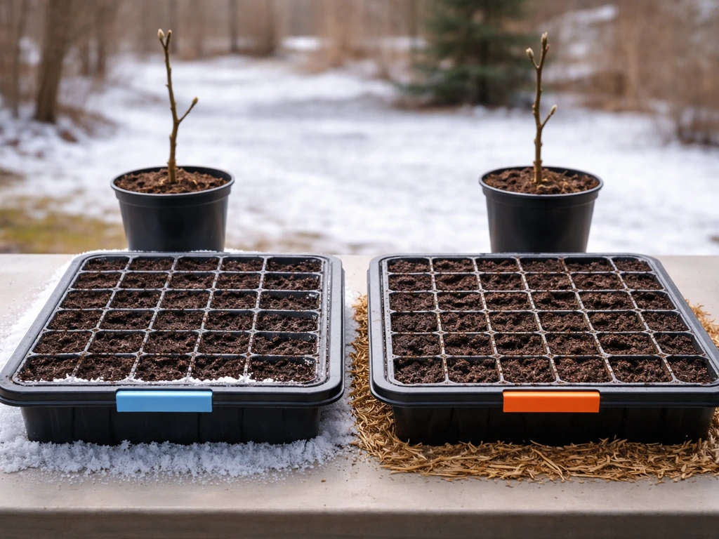 Two identical nut-tree saplings in pots showing contrasting cold vs milder winter conditions for Zone 6a/6b.