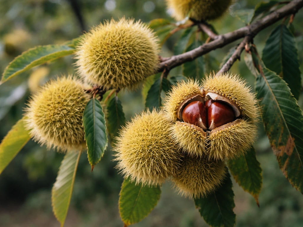 Close-up of Chinese chestnut branches with spiky burrs and a few visible chestnuts