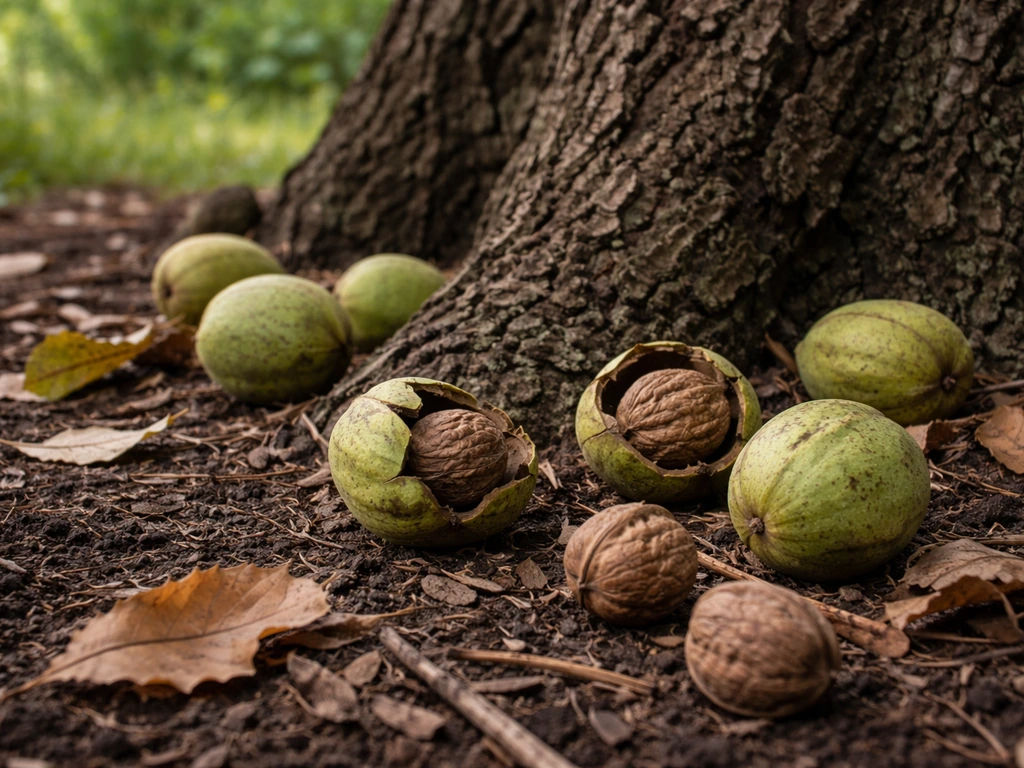Black walnut tree base with fallen green husks and nuts on the ground, detailed bark and leaves.