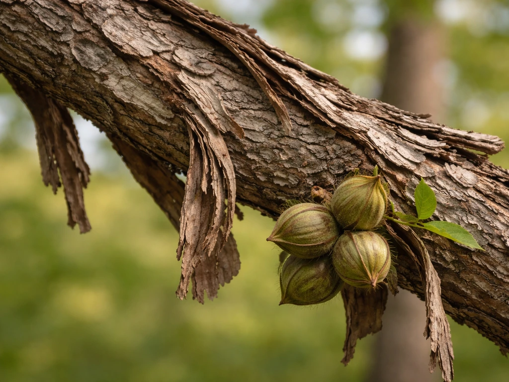 Shagbark hickory branch close-up showing shaggy bark and small nut burs in natural light.