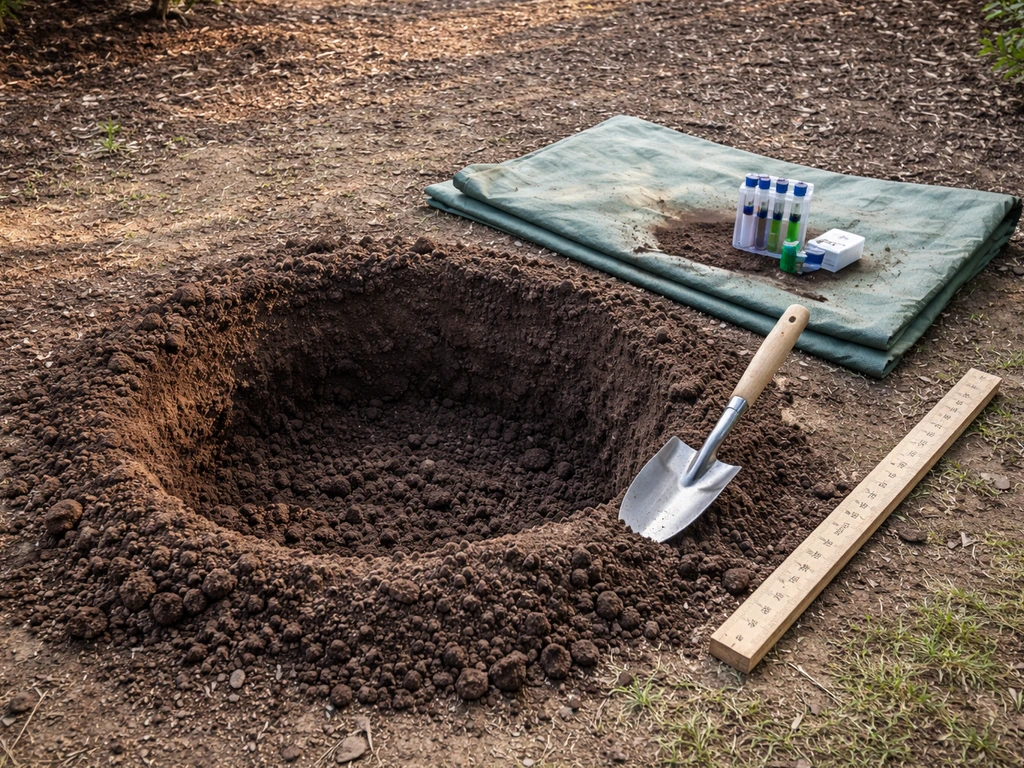 Prepared planting hole with shovel and soil test kit on a tarp in a backyard garden.