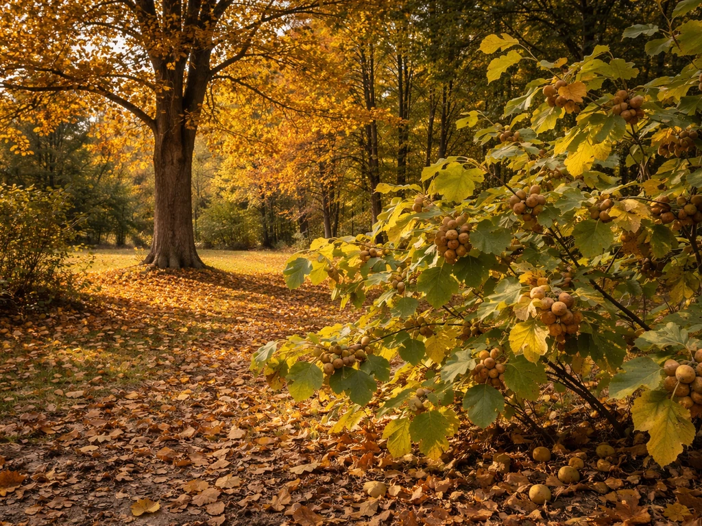 Autumn yard/woodland edge with hazelnut shrub and walnut/hickory canopy trees showing visible nuts.