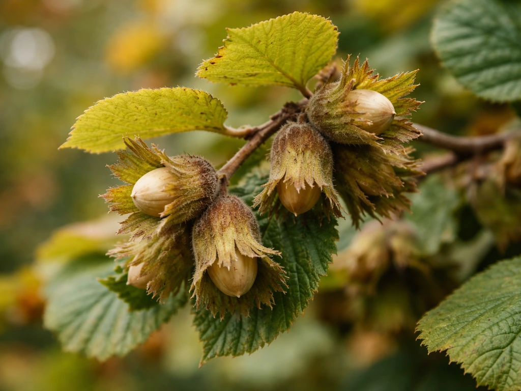 Close-up of an American hazelnut branch with early-fall hazelnuts in husks