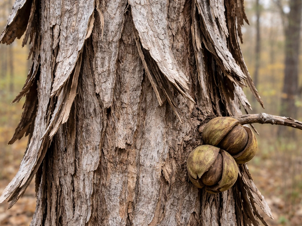 Close-up of shagbark hickory tree bark with a small nut cluster in soft forest light.