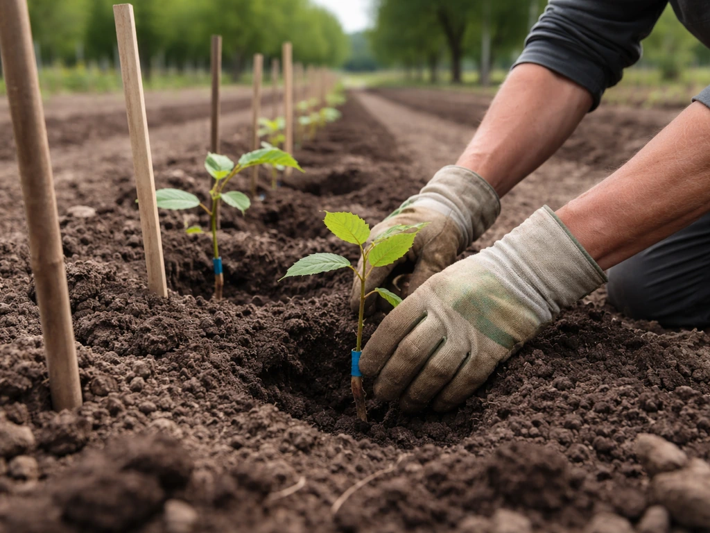 Gloved hands planting small grafted chestnut seedlings in an orchard row of managed trees.