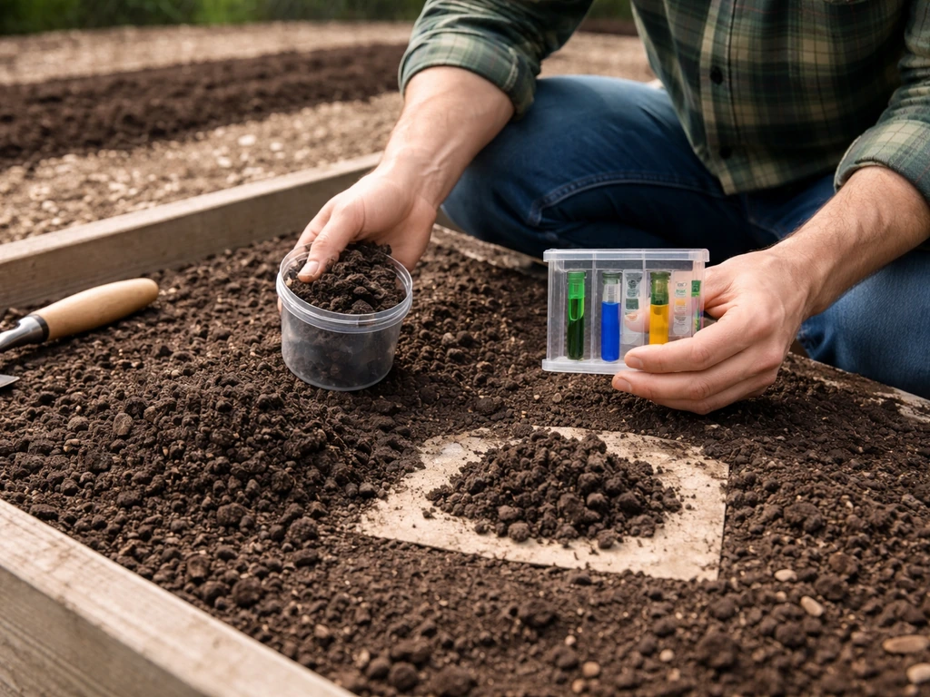 Gardener’s hands testing soil pH in a raised garden bed with a small soil test kit.
