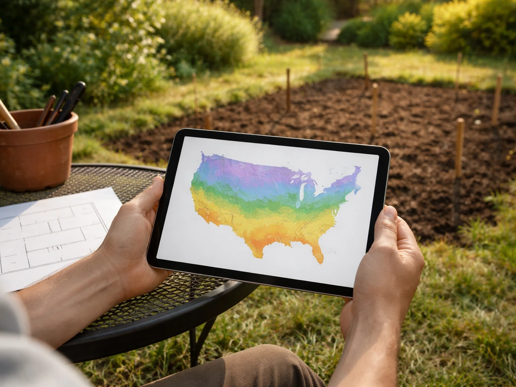 Person outdoors reviewing a tablet with a blank zone-style map while standing by a small planting bed.