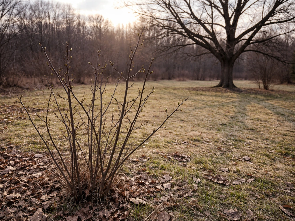 Zone 5 backyard orchard with a hazelnut shrub foreground and a walnut/chestnut tree in wintry spring transition light.