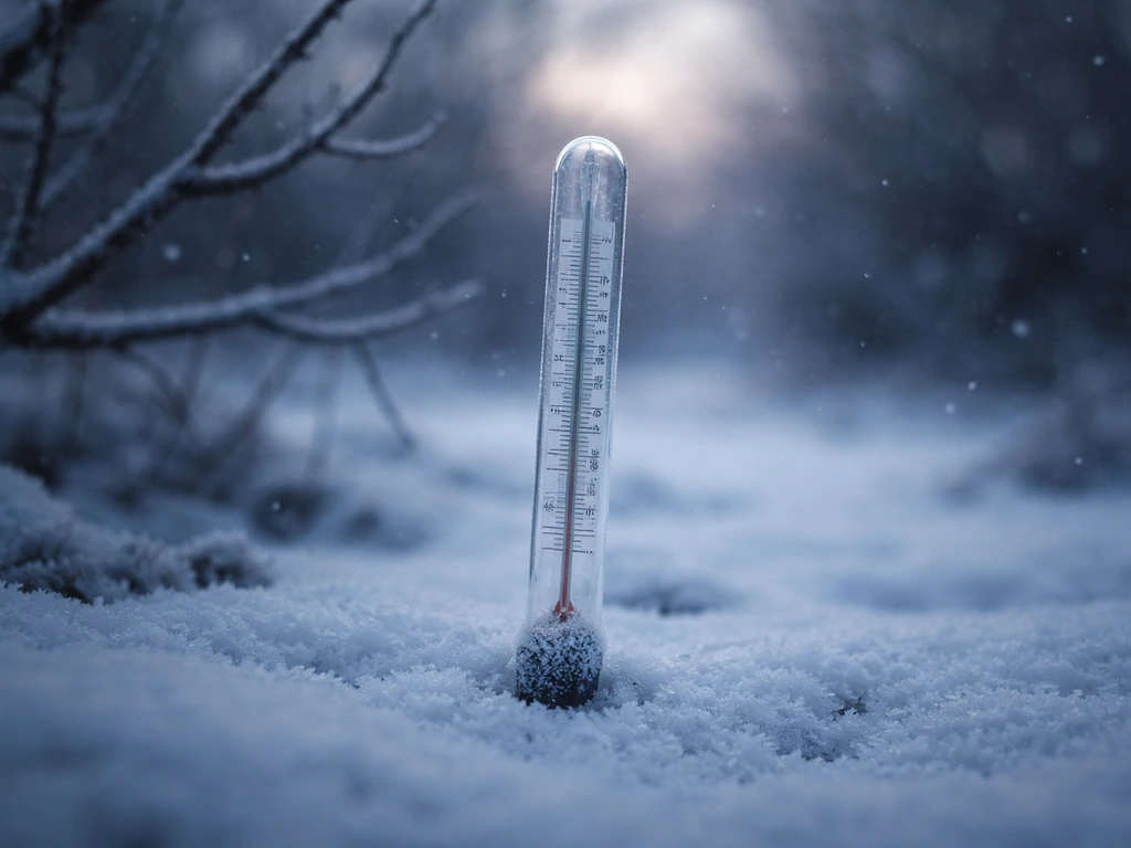 Frosty thermometer beside snow and bare tree branches, illustrating USDA Zone 5 winter cold