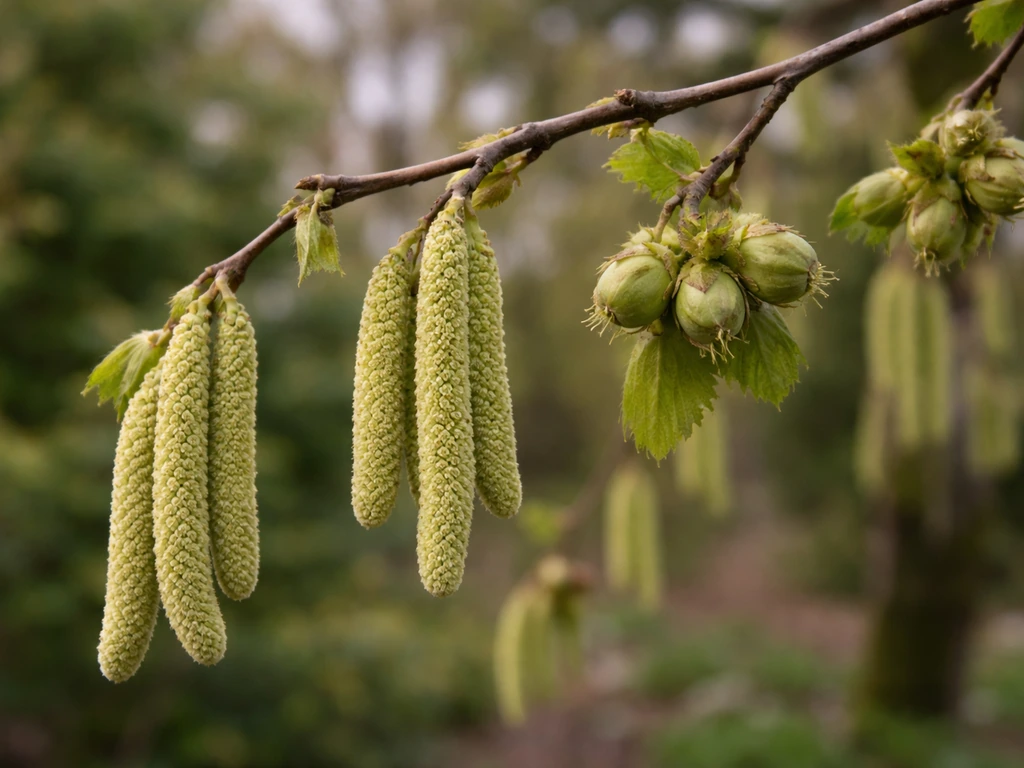 Close-up of hazelnut catkins and small developing hazelnuts on a spring branch