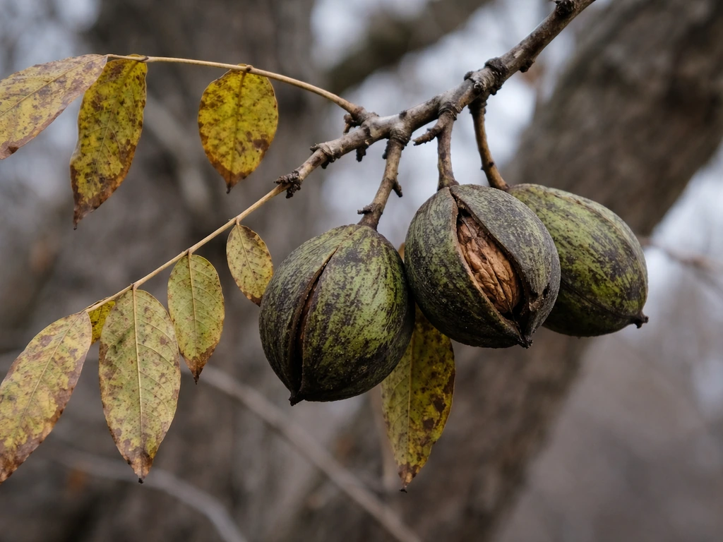 Black walnut branch with hanging green husks and leaves on a cold-weather tree