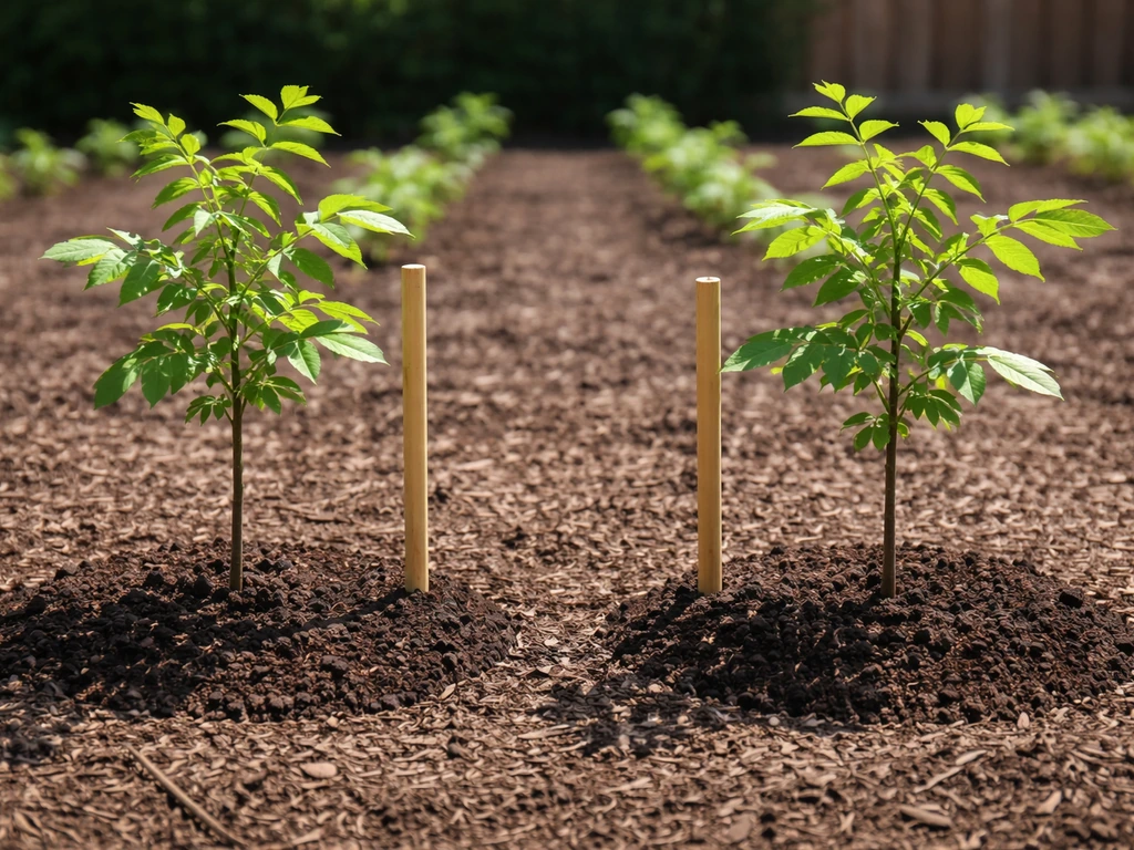Two small nut tree saplings in a simple garden bed with labels avoided, showing spacing and soil.