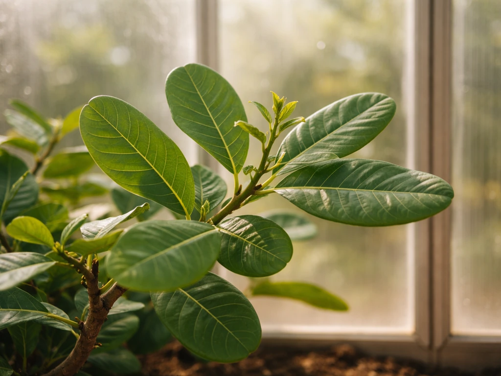 Close-up of cashew tree leaves and branches in a warm greenhouse, suggesting tropical growth needs