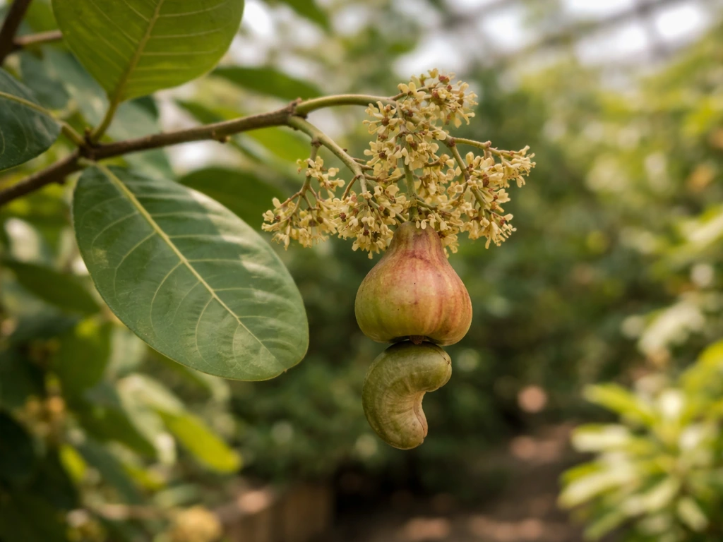 Close-up of cashew tree branches with small blossoms, a cashew apple forming, and a nut hanging from the tip