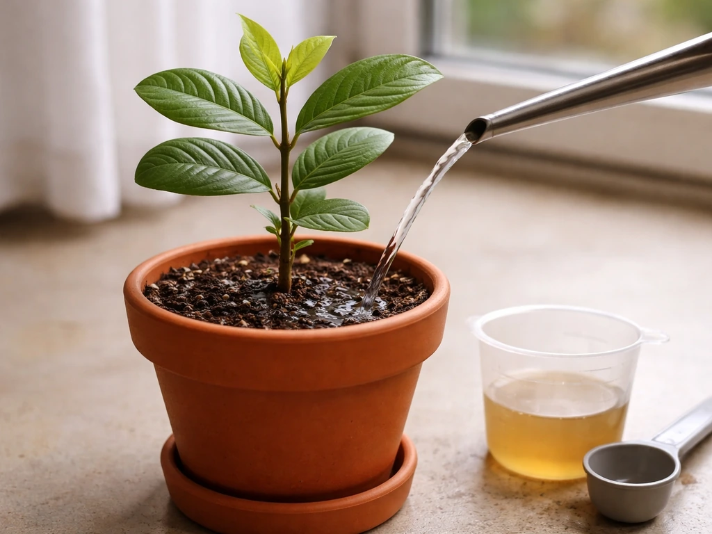 Young cashew in a terracotta pot being watered, with measured nutrient feed items nearby.
